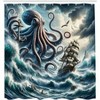 Nautical Shower Curtain, Fantasy Sea World Adventure, Kraken Octopus, Storm Waves, Sailors Ship, Teal Mauve, 69 Wx 70 L - 4 of 4