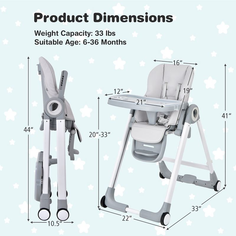 Babyjoy Folding Convertible High Chair Height Adjustable Feeding Chair with Wheel Tray Grey, 4 of 7