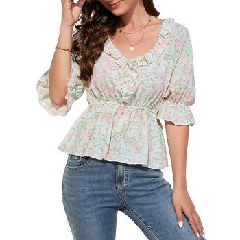 WhizMax Women's Blouse V Neck Half Sleeve Shirts Babydoll Tops Business Casual Lantern Sleeve Tunic Tops