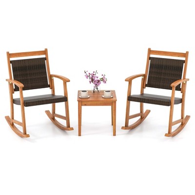 Mix Brown and Natural Acacia Wood Outdoor Rocking Chair Bistro Set