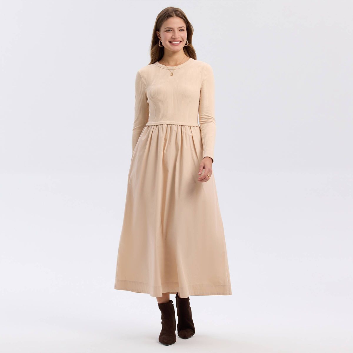 Women's Long Sleeve Woven Knit Midi Sweater Dress - A New Day™