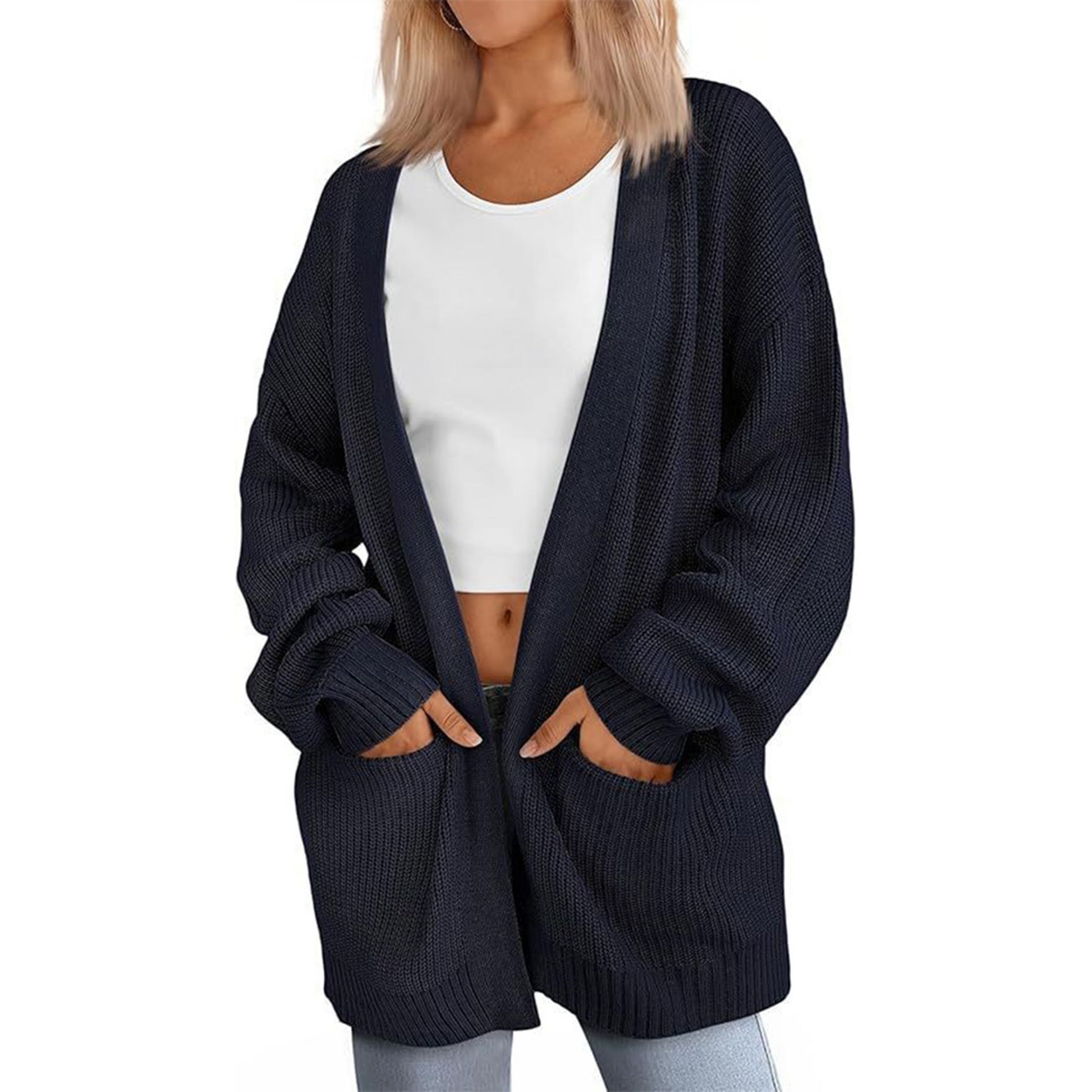 BLUEMING Womens Oversized Cardigans Casual Soft Open Front Long Sleeve Knit Cardigan Sweaters with Pockets