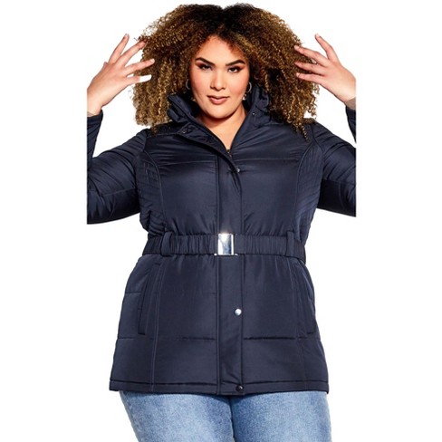 Avenue Women s Plus Size Belted Hood Puffer Coat 22 24 Navy Target