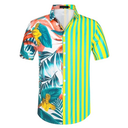 Lars Amadeus Men's Hawaiian Shirt Short Sleeves Summer Patchwork Floral  Leaf Shirts Yellow Green Small