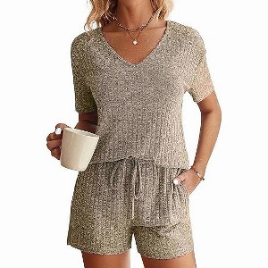 Ekouaer Womens Ribbed Knit Lounge Set Short Sleeve Top and Shorts Sleepwear Pajama Set Two Piece Shorts Outfits Set - 1 of 4
