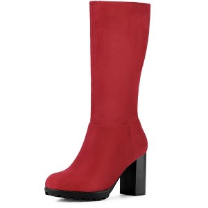 Allegra K Women's Round Toe Zipper Closure Mid-Calf Block Heel Boots - 1 of 4