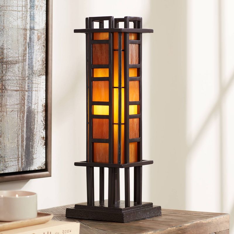 Robert Louis Tiffany Prairie Mission Accent Table Lamp 20" High Bronze Geometric Metal Amber Stained Glass for Bedroom Living Room Bedside Nightstand, 2 of 10