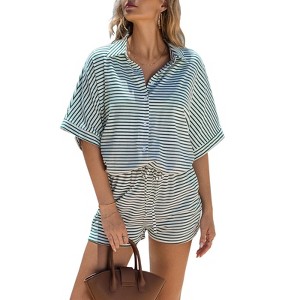 EXLURA Womens Summer 2 Piece Sets Casual Short Sleeve Striped Shirts Shorts Matching Sets Vacation Cruise Beach Outfits 2025 - 1 of 4