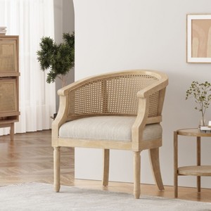 TOAOTBNBO Weathered Wood Frame Accent Chair with Curved Backrest, Rustic Upholstered Arm Chair with Rubberwood Legs Soft Chair for Bedroom, Beige - 1 of 4