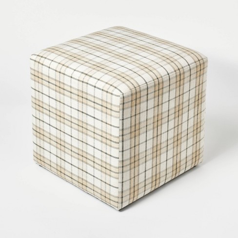 Lynwood Square Upholstered Cube Ottoman Cream brown Plaid Threshold Designed With Studio Mcgee No Assembly Polyester linen acrylic Target