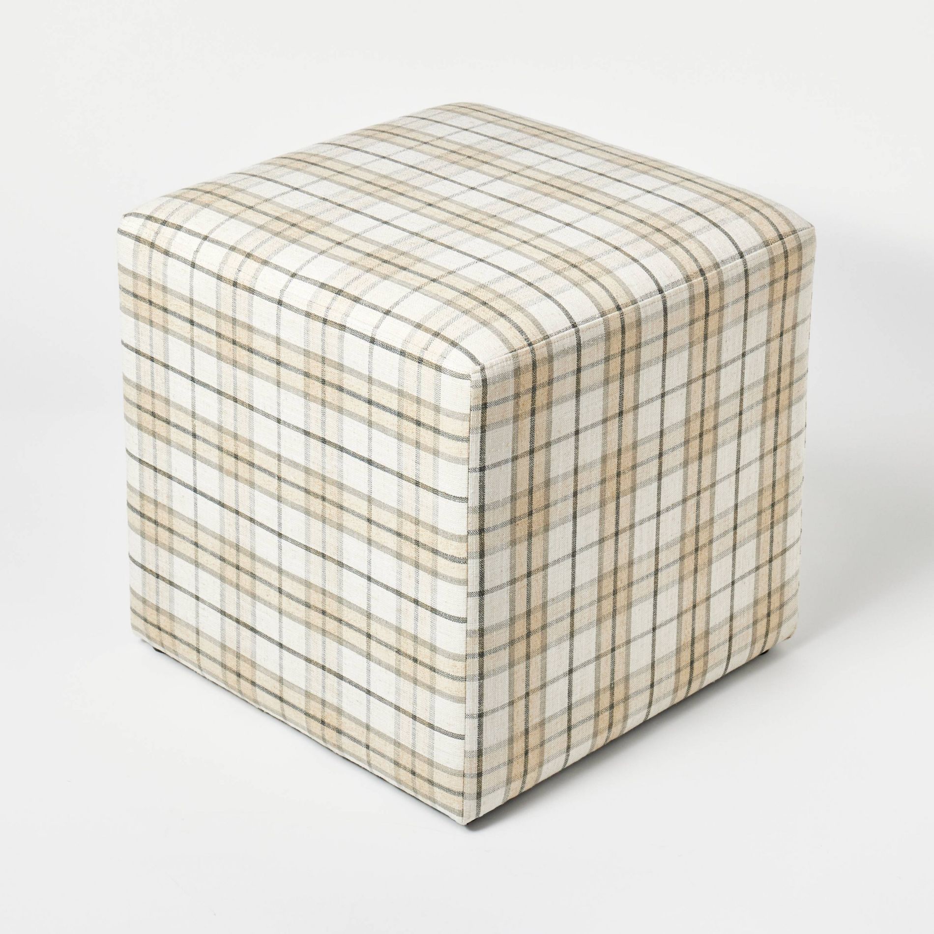 Lynwood Square Upholstered Cube Ottoman Cream/Brown Plaid - Threshold™ designed with Studio McGee, Fully Assembled