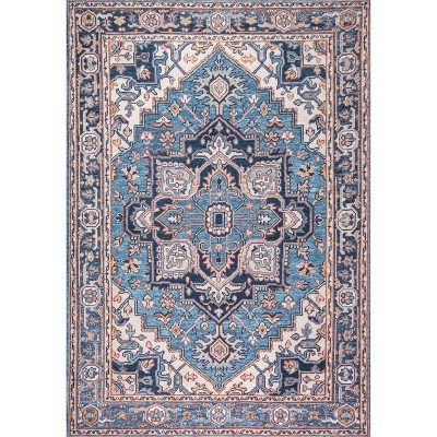 Cirali Blue and Beige Medallion Washable Area Rug