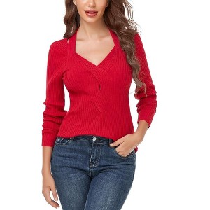 Womens Deep V Neck Pullover Sweater Front Twist Halter Style Ribbed Knit Sweater Fall Tops for Lady - 1 of 4