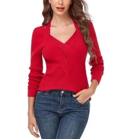 Womens Deep V Neck Pullover Sweater Front Twist Halter Style Ribbed Knit Sweater Fall Tops for Lady - image 1 of 4