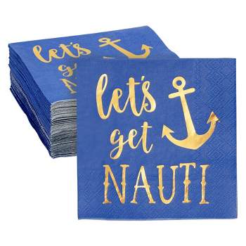Blue Panda 50 Pack Nauti Bachelorette Disposable Napkins for Bridal Shower, Blue with Gold Foil Accents, 5x5 In