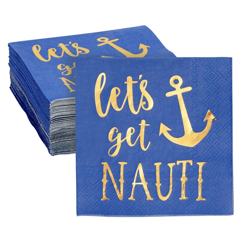 Blue Panda 50 Pack Nauti Bachelorette Disposable Napkins for Bridal Shower, Blue with Gold Foil Accents, 5x5 In, 1 of 6