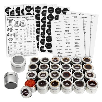 Talented Kitchen 24 Magnetic Spice Jars for Refrigerator - 3 oz Sift-and-Pour Spice Tins, 269 Preprinted Seasoning Labels in 2 Styles