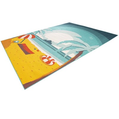 Coastal Beach Scene Multi-Color Synthetic Outdoor Area Rug 5x8