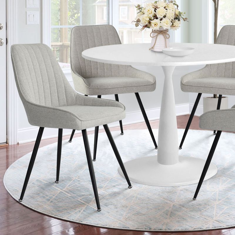 White Round Dining Table Set For 4,Round Pedestal Dining Table 35" With 4  Upholstered Fabric Dining Chair with Black Legs-Maison Boucle, 3 of 8