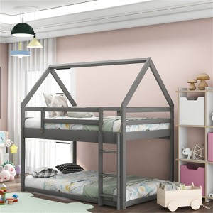 RISOKEYS House Shaped Bunk Bed Twin Over Twin Size Wood Bunk Bed Frame Low Bunk Beds for Kids and Toddlers - Gray - 1 of 4