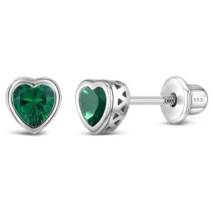 Girl's CZ Birthstone Heart Screw Back Sterling Silver Earrings - In Season Jewelry - 1 of 4