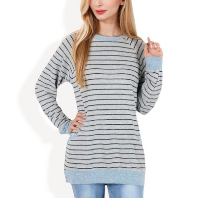 Anna-Kaci Women's Long Sleeve Striped Pullover with Front Pockets and Contrast Cuffs