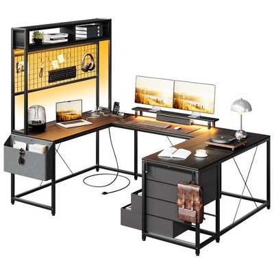 U Shaped Desk with Monitor Stand and LED Lights, U Shaped Gaming Desk with Storage Shelves