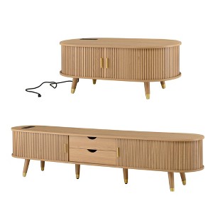 Gulches 74 in Natural Oval MDF Console Table with Coffee Table Set Charging Station Sliding Doors 2 Drawers Solid Wood Legs - 1 of 4