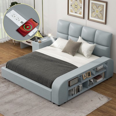 NicBex Queen Faux Leather Upholstered Platform Bed Frame with Multimedia Nightstand and Storage Shelves,No Box Spring Needed,Easy Assembly,Gray/White