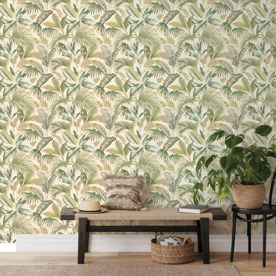 Tropical Green and Beige Vinyl Peel and Stick Wallpaper Roll