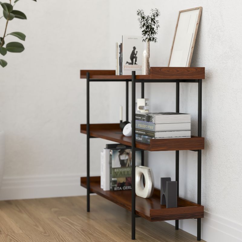 Merrick Lane Industrial Style Rustic Brown 3 Tiered Shelving Unit With Black Metal Frame and Raised Border - 35"H, 5 of 14