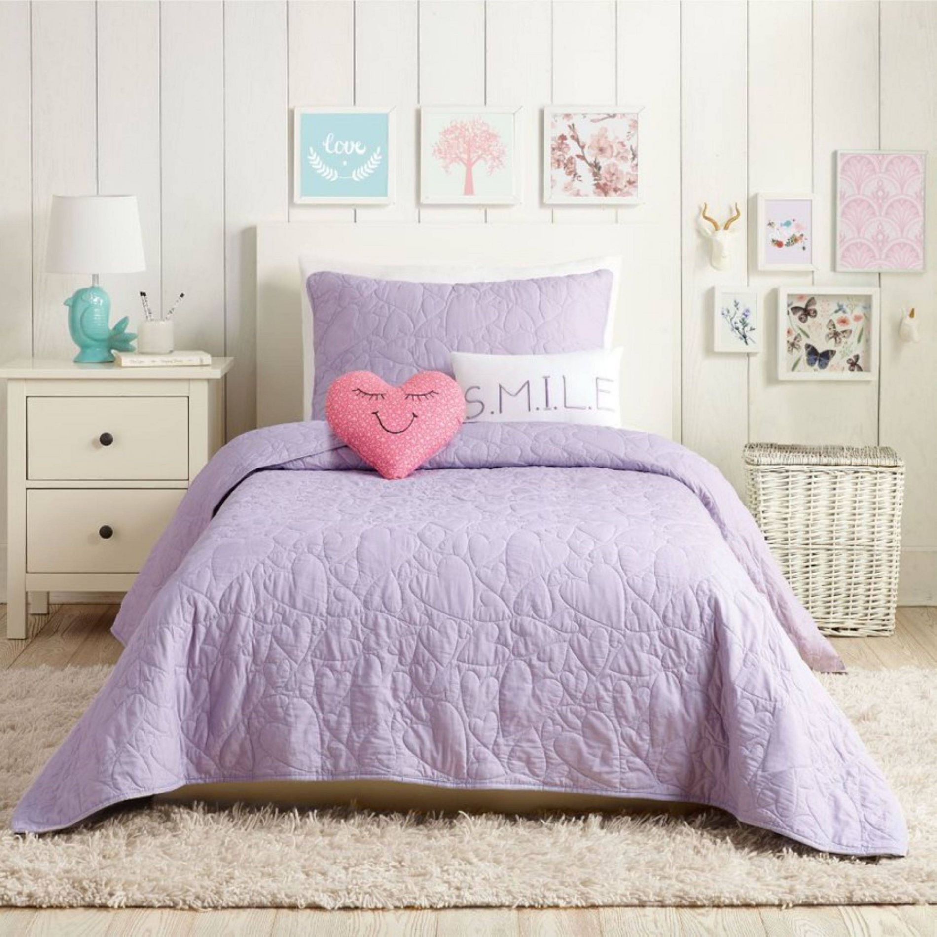 5Pc Full/Queen Heart Kids' Quilt Set Lavender - Urban Playground: Girls Bedding, Embroidered, Cotton, Teen Decor