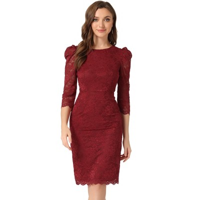 Allegra K Women's Crewneck 3/4 Sleeve Floral Lace Hidden Zipper Bodycon Dress