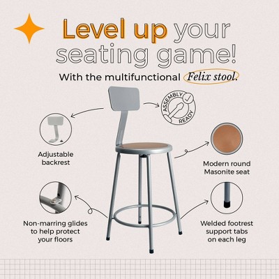 Felix Gray Adjustable Steel Counter Stool with Backrest
