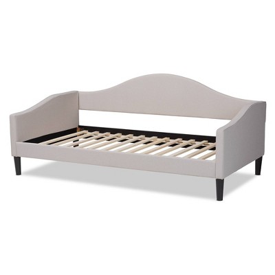 Elegant Twin Daybed with Tufted Beige Upholstery and Dark Brown Wood Frame