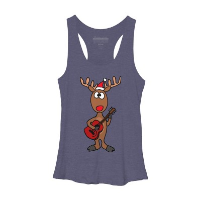 Women's Design By Humans Funny Cool Christmas Reindeer Playing the Guitar By SmileToday Racerback Tank Top