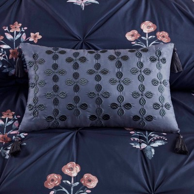 Navy Microfiber King Bedspread Set with Floral Embellishments