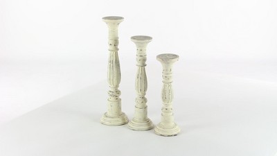 Distressed White Mango Wood Candle Holder Set, 21" 17" 15"