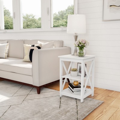 White MDF Wood X-Leg End Table with Two Shelves