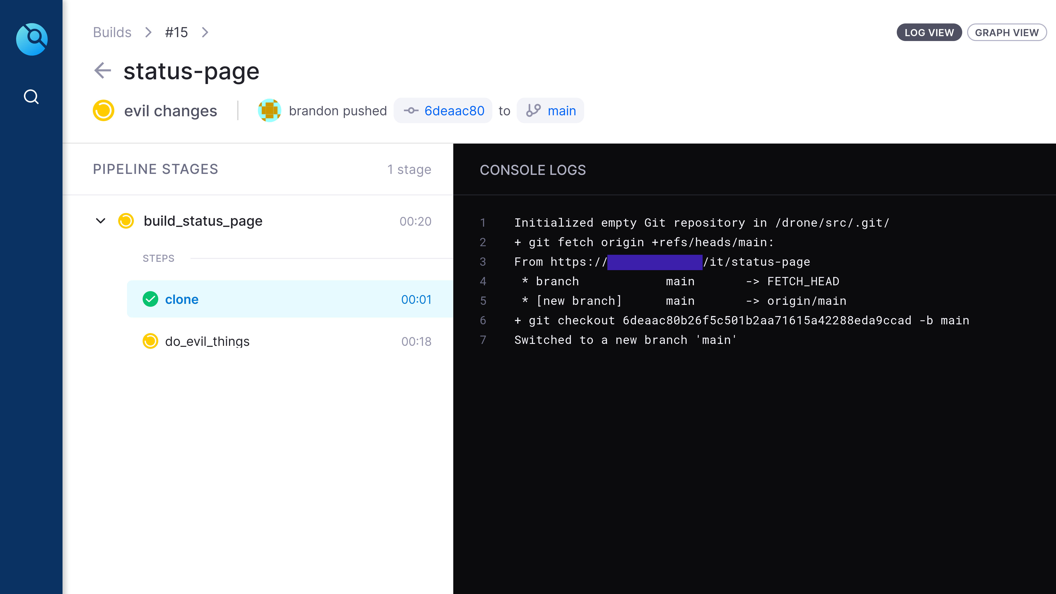 this screenshot from Gogs shows Drone starting its execution by downloading a copy of the Git repo onto one of the drone worker nodes. This is shown in a console log with anonymized data.