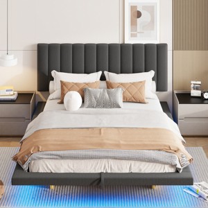 Queen Size Upholstered Floating Bed With Led Light And Usb Port, Hydrualic Platform Bed, Queen Bed Frame With 4 Storage Compartments-Cuddlewood - 1 of 4