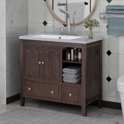 36"W Bathroom Vanity with Ceramic Basin, Bathroom Storage Cabinet with Two Doors and Drawers -ModernLuxe