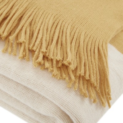 Yellow and Ivory Wool Color Block Throw Blanket with Fringe