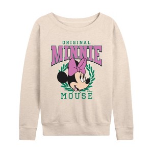 Women's - Disney - Minnie Crest Lightweight French Terry Wide Neck Long Sleeve Graphic Shirt - 1 of 4
