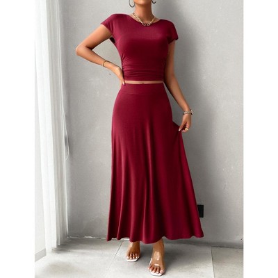 Women's 2 Piece Summer Outfits Dressy Casual Knit Short Sleeve Crop Top High Waist Midi Skirt Set