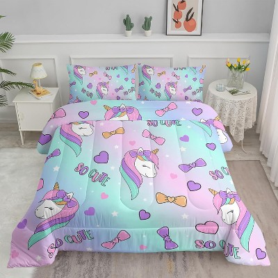 Acoinel 3 Pcs Cute Unicorn Lightwight Ultra Soft Comforter Set with 2 Pillowcases