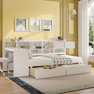 Wooden L-Shape Daybed with Seven Storage Cabinets and Two Storage Drawers, Multi-functional Bed with Study Desk and Built-in Bookshelf - 1 of 4