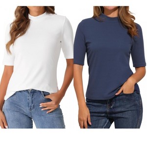 INSPIRE CHIC Women's Half Sleeve Casual Turtleneck Solid Elastic Soft T-Shirts 2 Packs - 1 of 4