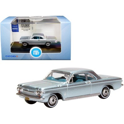 1963 Chevrolet Corvair Coupe Satin Silver Blue Met. w/Blue Interior 1/87 (HO) Scale Diecast Model Car by Oxford Diecast