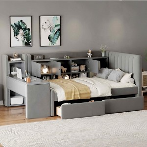 MAYEERTY Twin Size Upholstered Daybed, Drawers Shelves Flip Cabinets Side Table, Bedroom, Beige - 1 of 4